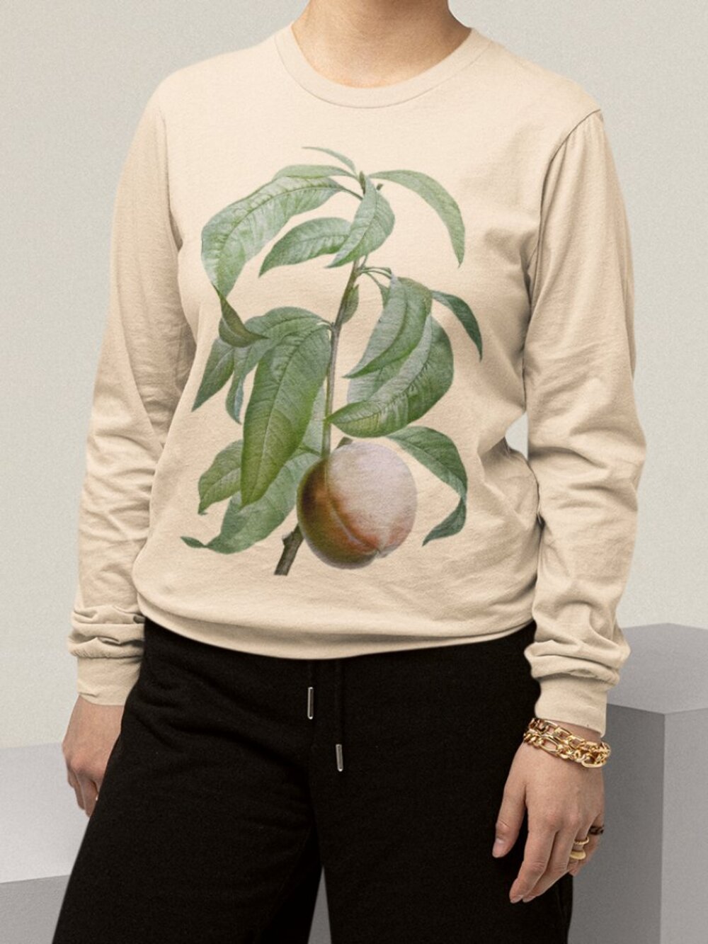 Peach Vintage Botanical Print Long Sleeve Graphic Tee T-shirt S-XXL - Picture 4 of 6